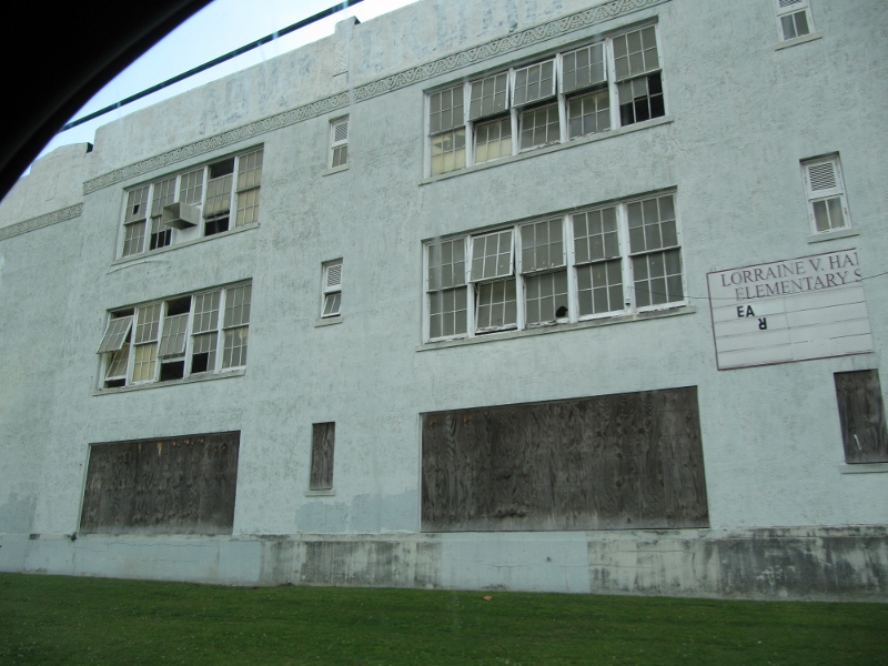 This picture shows a whole school left damaged and unused. New Orleans population before Katrina was 500,000....today it stands at about 225,000....more than half of the citizens and small businesses never came back.